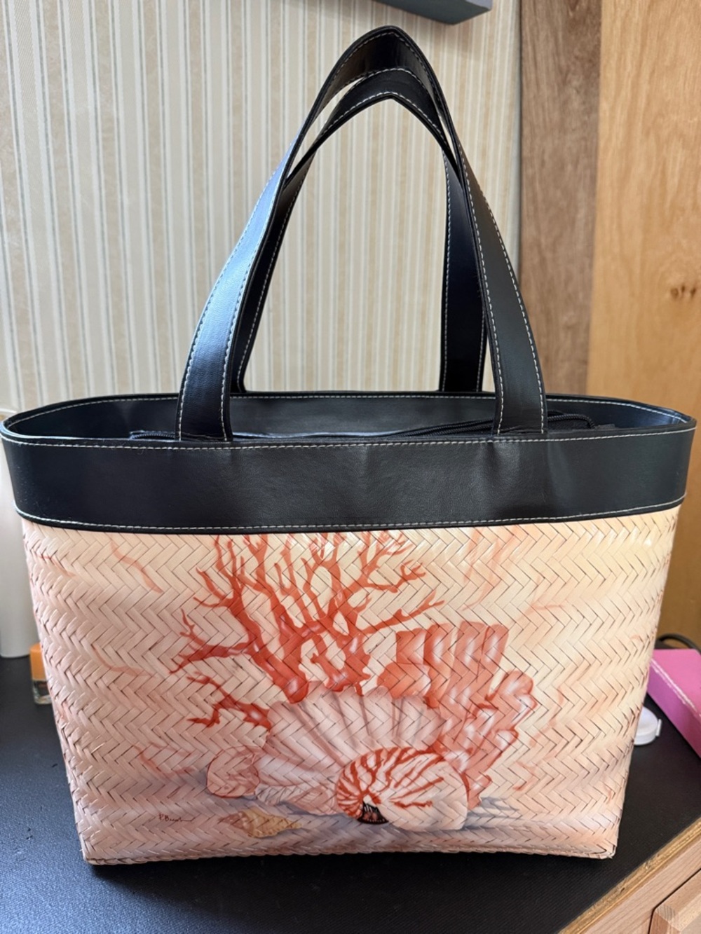 Coral Shell Print Tote with Black Trim
